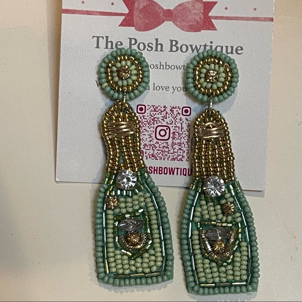 Mint Green Seed Beaded Champagne Bottle Statement Drop Earrings